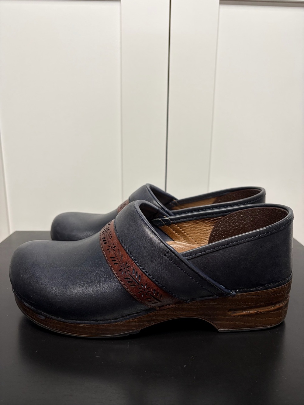 Dansko Professional Clog - Navy W/ Brown Laser Cut Floral Accent - Sz 42 (US 12)